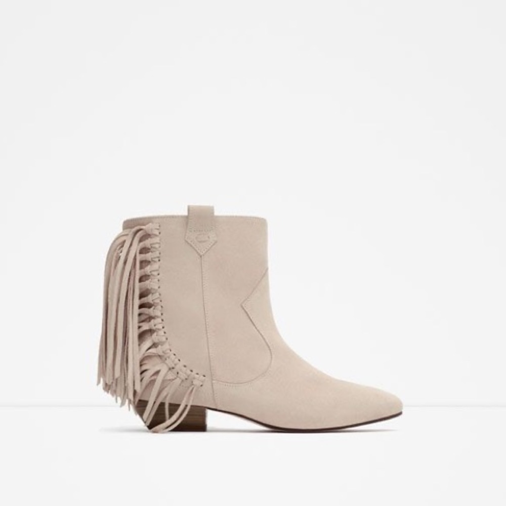 ZARA 100% LEATHER FRINGE FLAT COWBOY ANKLE BOOTS BOOTIES NEW WITH TAGS